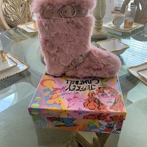 Pink Furry Boots with Buckle Detail
